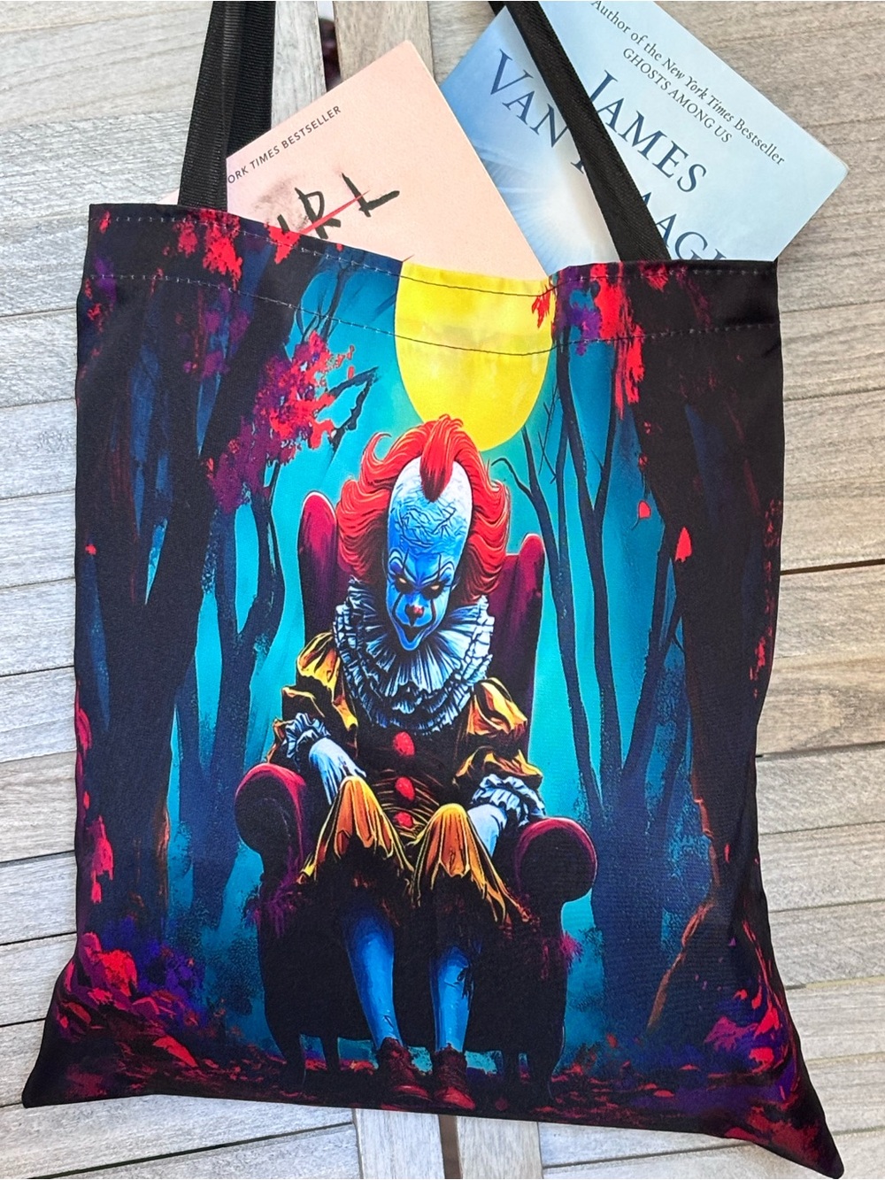 SUPER COOL Vibrant Color Creepy Clown Character Durable Book/Grocery/Tote Bag!